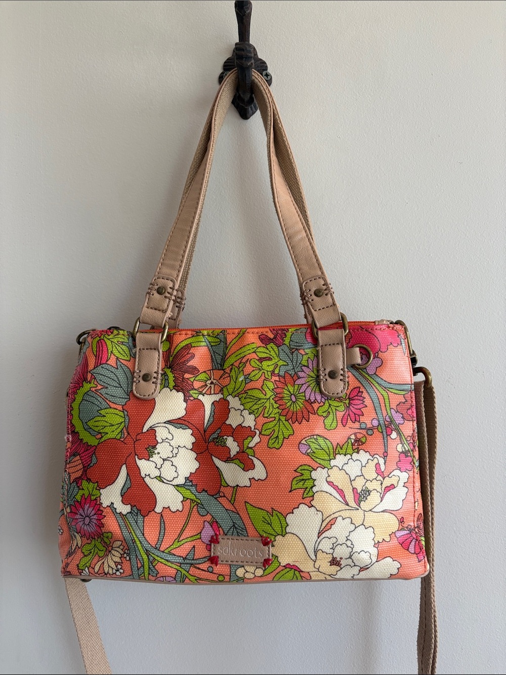 Sakroots PEACE Coated Canvas Crossbody Satchel Orange with Multicolor Floral
